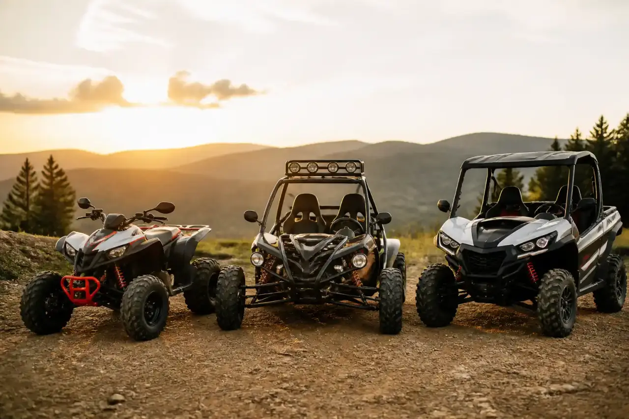 Quad en pleine traversée d'une flaque de boue, éclaboussures spectaculaires, lumière dorée et sensation de vitesse